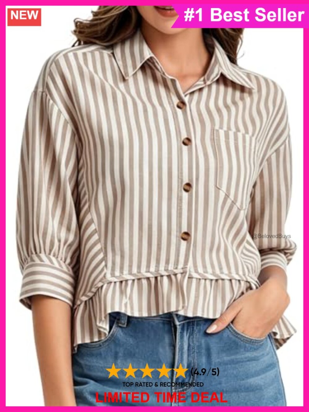 Womens Cotton Striped Cropped Button Down Shirt Ruffle Hem 3/4 Sleeve